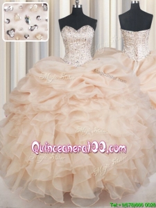 Most Popular Visible Boning Beaded Ruffled Bubble Quinceanera Dress in Champagne