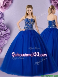 Perfect Puffy Skirt Beaded Bodice Tulle Quinceanera Dress in Royal Blue
