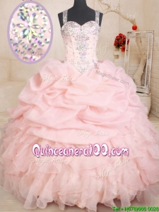 Popular See Through Back Zipper Up Straps Beaded and Bubble Quinceanera Dress in Baby Pink