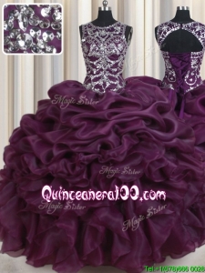 Popular See Through Scoop Dark Purple Quinceanera Dress with Beading and Ruffles