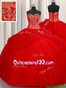Pretty Big Puffy Tulle Red Quinceanera Dress with Beading and Pick Ups