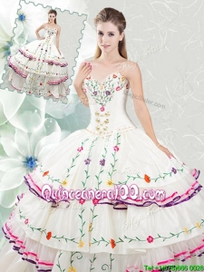 Pretty Really Puffy White Quinceanera Dress with Embroidery and Ruffled Layers