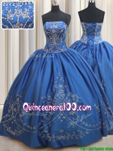 Pretty Strapless Stain Royal Blue Quinceanera Dress with Beading and Embroidery