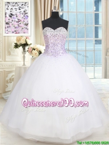 Simple Big Puffy Sweetheart Beaded Bodice Tulle White Quinceanera Dress