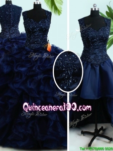 Two for One Straps Navy Blue Button Up Quinceanera Dresses with Ruffles and Beading