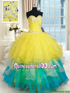 Unique Yellow and Teal Sweetheart Quinceanera Dress with Ruffles and Beading