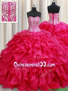 Visible Boning Beaded Bodice Brush Train Coral Red Quinceanera Dress with Ruffles