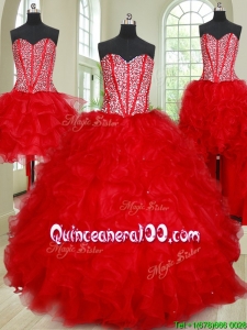 Affordable Visible Boning Red Removable Quinceanera Dress with Ruffles and Beading