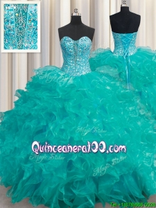 Best Selling Deep V Neckline Turquoise Quinceanera Dress with Beading and Ruffles