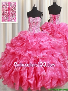 Best Selling Visible Boning Beaded Bodice and Ruffled Quinceanera Dress in Hot Pink