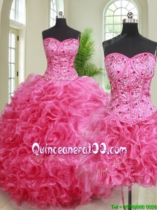 Cheap Really Puffy Hot Pink Removable Quinceanera Gown with Ruffles and Beading
