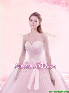 Classical Bowknot and Ruched Baby Pink Quinceanera Gown with Brush Train