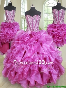 Classical Three Piece Visible Boning Ruffled and Beaded Bodice Quinceanera Dress in Fuchsia