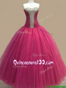 Elegant Beaded Sweetheart Fuchsia Quinceanera Gown in Tulle