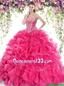 Elegant Big Puffy Hot Pink Quinceanera Dress with Ruffles and Beading