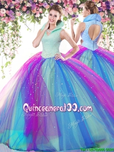 Elegant High Neck Rainbow Tulle Quinceanera Dress with Beading