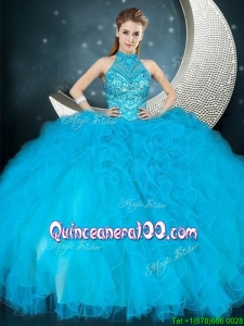 Fashionable Halter Top Baby Blue Quinceanera Dress with Ruffles and Beading
