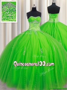 Fashionable Puffy Skirt Beaded Sweetheart Spring Green Quinceanera Dress in Tulle