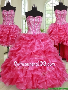 Gorgeous Three Piece Ruffled and Beaded Hot Pink Quinceanera Dress in Organza
