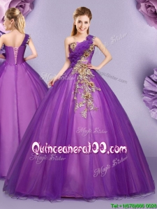 High End One Shoulder Ball Gown Quinceanera Gown with Appliques and Ruffles