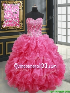 Hot Sale Visible Boning Beaded Bodice Hot Pink Quinceanera Dress with Ruffles