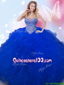 Latest Beaded and Ruffled Big Puffy Quinceanera Dress in Royal Blue