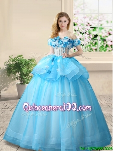 Luxurious Applique and Beaded Baby Blue Quinceanera Gown with Off the Shoulder