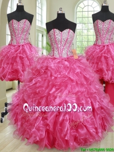 Luxurious Visible Boning Hot Pink Removable Sweet 16 Gown with Ruffles and Beading