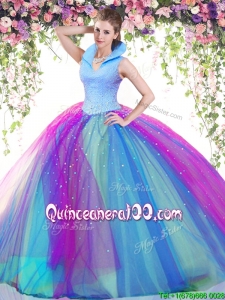 Modest High Neck Rainbow Backless Quinceanera Dress with Beading