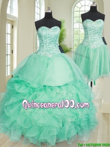 Most Popular Ruffled and Beaded Turquoise Detachable Quinceanera Dress in Organza