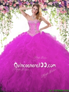 New Style Beaded and Ruffled Fuchsia Quinceanera Dress in Tulle