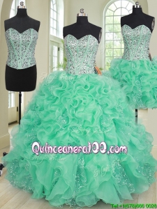 Popular Visible Boning Beaded Organza and Sequined Detachable Quinceanera Dress in Turquoise