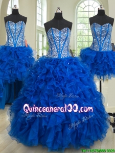 Romantic Three Piece Ruffled and Beaded Bodice Quinceanera Dress in Royal Blue