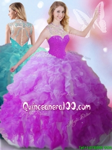 See Through High Neck Quinceanera Dress with Beading and Ruffles