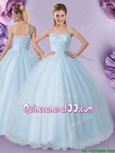 Simple Big Puffy One Shoulder Applique Quinceanera Dress in Light Blue