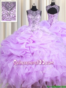 Unique See Through Scoop Beaded Ruffle and Bubble Organza Lavender Quinceanera Dress