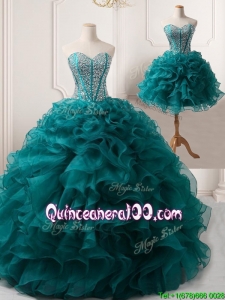 Pretty Puffy Skirt Teal Detachable Quinceanera Gown with Beading and Ruffles