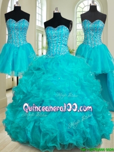 Top Seller Organza Ruffled and Beaded Detachable Quinceanera Dress in Teal