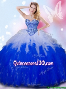 Unique Beaded and Ruffled Tulle Quinceanera Dress in White and Royal Blue