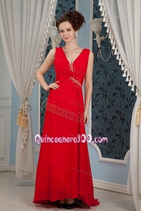 2014 Exquisite V-neck Red Mother of the Dresses with Beading