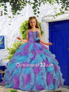 Cheap Beading and Ruffles Purple and Blue Little Girl Pageant Dress with Hand Made Flower