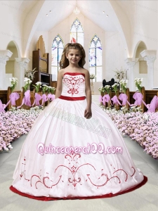 Embroidery Satin Little Girl Pageant Dress in White