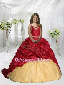 Spaghetti Straps Pick Ups Little Girl Pageant Dress with Sweep Train
