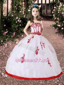White and Red Little Girl Pageant Dress with Appliques