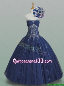 Elegant 2015 Summer Ball Gown Strapless Beaded Quinceanera Dresses in Navy Blue