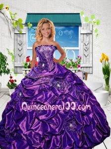 New Style Strapless Purple Little Girl Pageant Dress with Appliques and Pick-ups