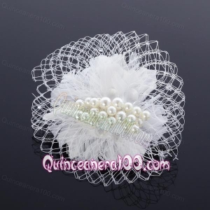 Feather and Tulle Imitation Pearls Feather Flower Hairpin for Outdoor