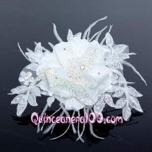 2014 White Pearl Lace and Feather Wedding Hair Flowers