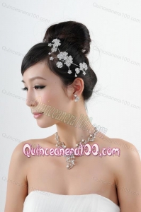 Butterfuly Rhinestone and Pearl Necklace Headpiece Wedding Jewelry Set