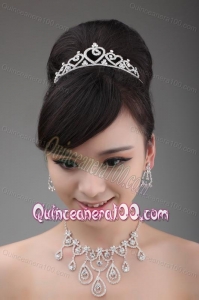 Elegant Rhinestone Wedding Jewelry Set Including Drop Earrings Crown And Necklace
